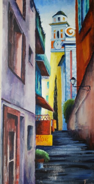 Painting titled "Rue de l'église" by Patricia Lejeune, Original Artwork, Oil