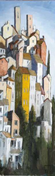 Peinture intitulée "Sapins dans la ville" par Patricia Lejeune, Œuvre d'art originale, Huile