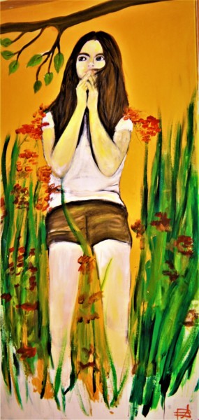 Painting titled "Clara dans le jardi…" by Patricia Segond, Original Artwork, Acrylic Mounted on Wood Stretcher frame