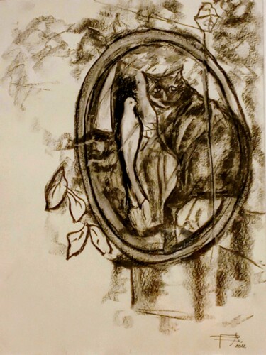 Drawing titled "Le chat à la colombe" by Patricia Segond, Original Artwork, Charcoal