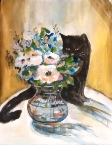 Peinture intitulée "chat au bouquet 1" par Patricia Segond, Œuvre d'art originale, Acrylique