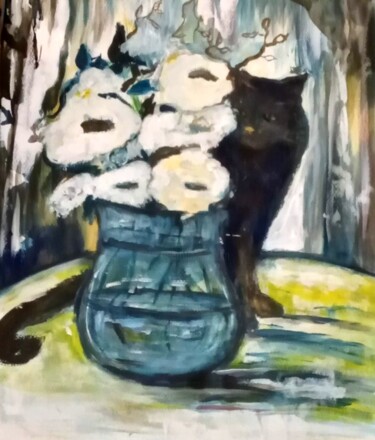 Peinture intitulée "Chat au bouquet 3" par Patricia Segond, Œuvre d'art originale, Acrylique