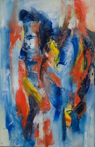 Painting titled "Visages bleus" by Patricia Spitz, Original Artwork, Oil