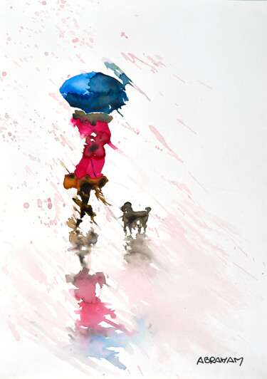 Painting titled "Le caniche promene…" by Patrick Abraham, Original Artwork, Watercolor