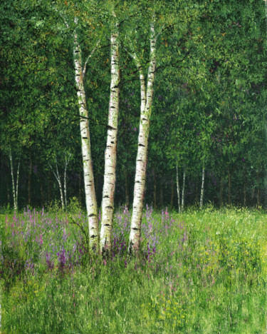 Painting titled "Birches and Lupines" by Patrick Antonelle, Original Artwork, Oil