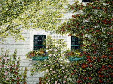 Painting titled "Roses and Hollyhock…" by Patrick Antonelle, Original Artwork, Oil