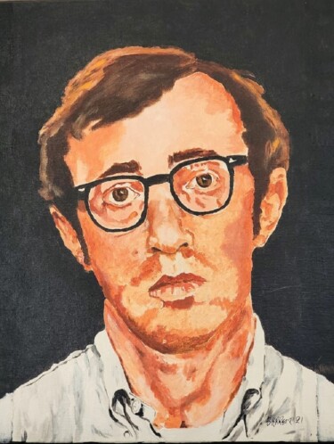 Ζωγραφική με τίτλο "Woody Allen" από Patrick Barrett, Αυθεντικά έργα τέχνης, Ακρυλικό Τοποθετήθηκε στο Ξύλινο φορείο σκελετό
