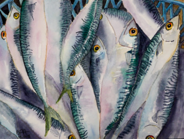 Peinture intitulée "Panier de maquereaux" par Patrick Bauquel, Œuvre d'art originale, Aquarelle