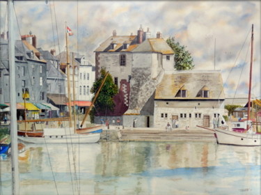 Painting titled "Honfleur , la Lieut…" by Patrick Bigeon, Original Artwork, Watercolor Mounted on Wood Stretcher frame