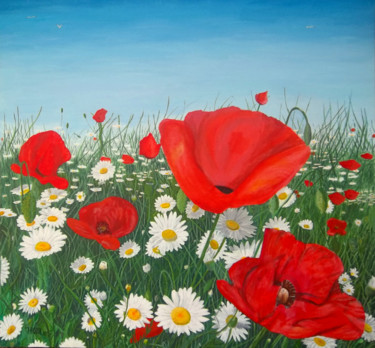 Painting titled "Coquelicots" by Patrick Bigeon, Original Artwork, Acrylic Mounted on Wood Stretcher frame