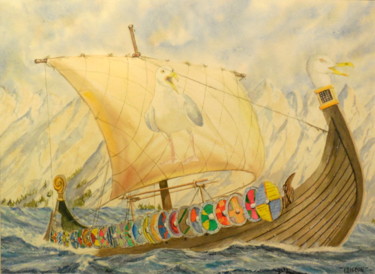 Painting titled "Drakkar Goeland" by Patrick Bigeon, Original Artwork, Watercolor Mounted on Cardboard