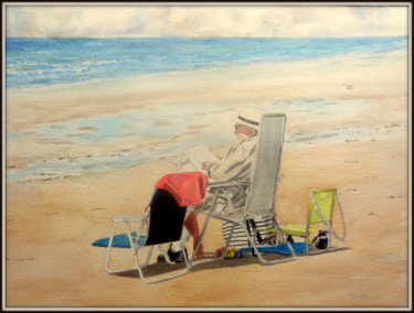 Schilderij getiteld "Lecteur sur la plage" door Patrick Bigeon, Origineel Kunstwerk, Aquarel