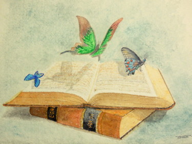 Peinture intitulée "Livre et papillons" par Patrick Bigeon, Œuvre d'art originale, Aquarelle