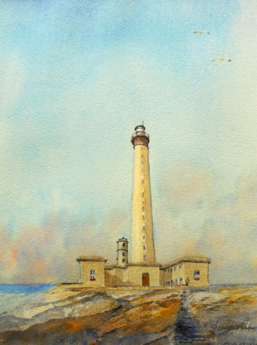 Painting titled "Phare de Gatteville" by Patrick Bigeon, Original Artwork, Watercolor