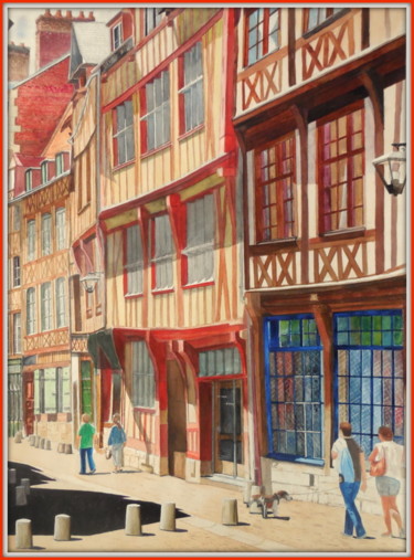 Painting titled "Vieille rue de Roue…" by Patrick Bigeon, Original Artwork, Watercolor Mounted on Wood Panel