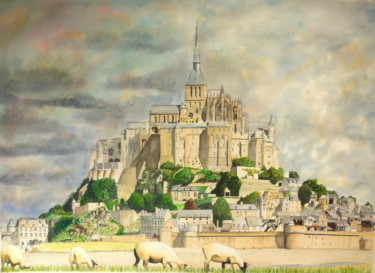 Pintura titulada "Le Mont Saint Michel" por Patrick Bigeon, Obra de arte original, Acuarela Montado en Panel de madera