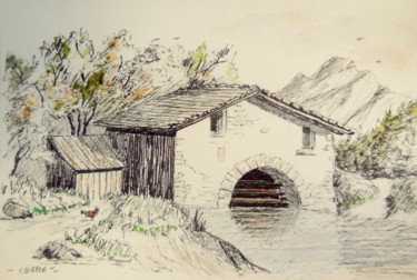 Desenho intitulada "Moulin  à eau en mo…" por Patrick Bigeon, Obras de arte originais, Tinta