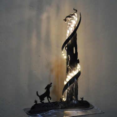 Sculpture titled "chat perché" by Patrick Blandin, Original Artwork, Metals