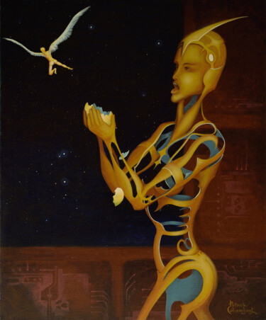 Malerei mit dem Titel "L'oeuf." von Patrick Colombert, Original-Kunstwerk, Acryl Auf Keilrahmen aus Holz montiert