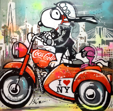 Schilderij getiteld "Snoopy visits New Y…" door Patrick Cornee, Origineel Kunstwerk, Acryl Gemonteerd op Frame voor houten b…