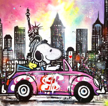 "Snoopy visits New Y…" başlıklı Tablo Patrick Cornee tarafından, Orijinal sanat, Petrol Ahşap Sedye çerçevesi üzerine monte…