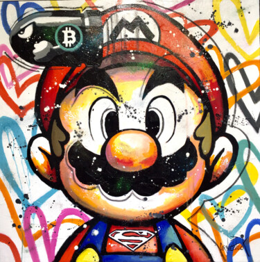 Pintura intitulada "Mario loves Bitcoins" por Patrick Cornee, Obras de arte originais, Óleo Montado em Armação em madeira