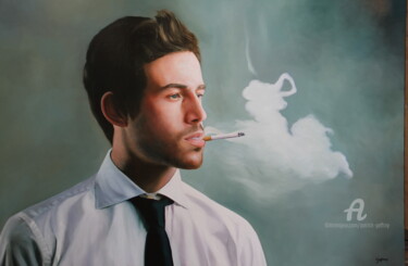 Malerei mit dem Titel "Le trader fume" von Patrick Geffroy, Original-Kunstwerk, Öl