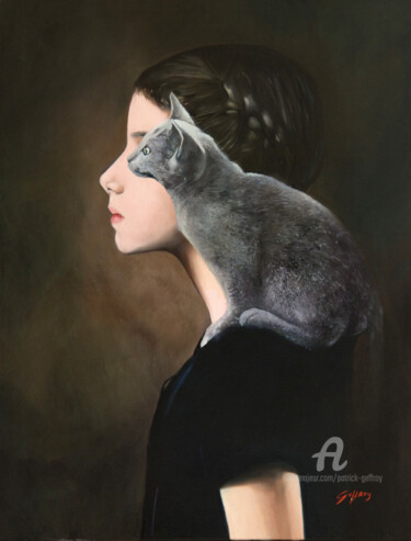 Картина под названием "Les yeux de mon chat" - Patrick Geffroy, Подлинное произведение искусства, Масло