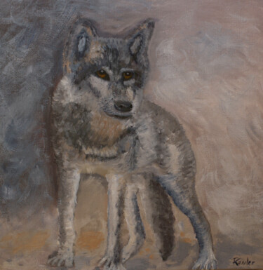 Painting titled "Loup Gris Debout" by Patrick Kessler, Original Artwork, Acrylic Mounted on Wood Stretcher frame