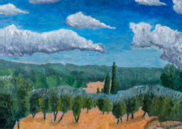 Painting titled "Provence et nuages" by Patrick Kessler, Original Artwork, Acrylic Mounted on Wood Stretcher frame