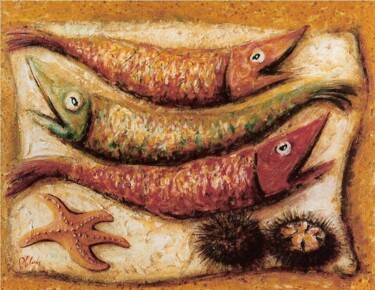 Painting titled "Poissons" by Patrick Lalande, Original Artwork, Oil