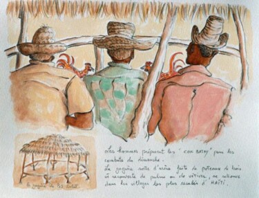 Peinture intitulée "combat de coqs.gagu…" par Patrick Lalande, Œuvre d'art originale, Huile