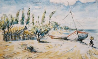 Dessin intitulée "plage de Léogane" par Patrick Lalande, Œuvre d'art originale, Autre