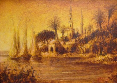 Malerei mit dem Titel "bord du Nil" von Patrick Lalande, Original-Kunstwerk, Öl