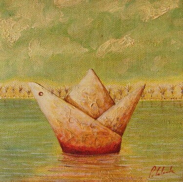Peinture intitulée "le bateau de papier" par Patrick Lalande, Œuvre d'art originale, Huile