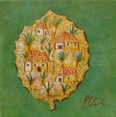 Peinture intitulée "village feuille" par Patrick Lalande, Œuvre d'art originale, Huile