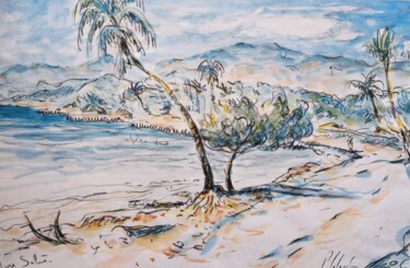 Dessin intitulée "plage de port salut…" par Patrick Lalande, Œuvre d'art originale, Crayon