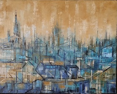 Painting titled "vieille ville" by Patrick Lesné, Original Artwork, Oil Mounted on Wood Stretcher frame