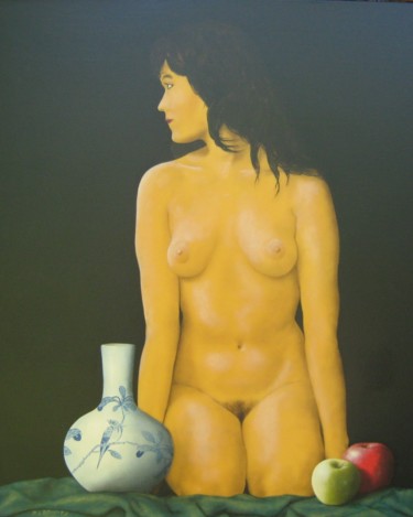 Peinture intitulée "Nu au vase bleu" par Patrick Lodwitz, Œuvre d'art originale, Huile