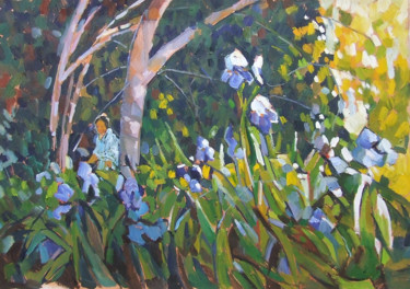 Peinture intitulée "Iris bleus et blancs" par Patrick Marie, Œuvre d'art originale, Huile Monté sur Châssis en bois