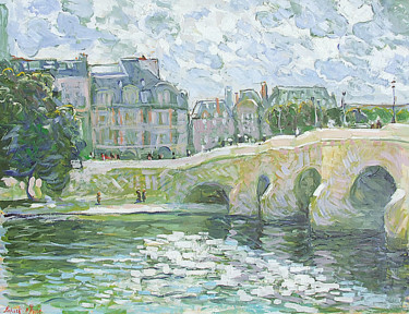 Painting titled "Le pont Neuf" by Patrick Marie, Original Artwork, Oil Mounted on Wood Stretcher frame