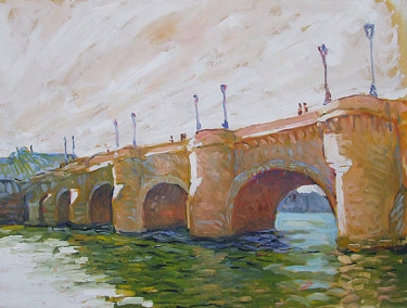 Painting titled "Le pont neuf - effe…" by Patrick Marie, Original Artwork, Oil Mounted on Wood Stretcher frame