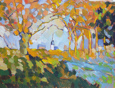 Painting titled "Normandie en automne" by Patrick Marie, Original Artwork, Oil Mounted on Wood Stretcher frame
