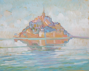 Painting titled "Le mont Saint Michel" by Patrick Marie, Original Artwork, Oil Mounted on Wood Stretcher frame