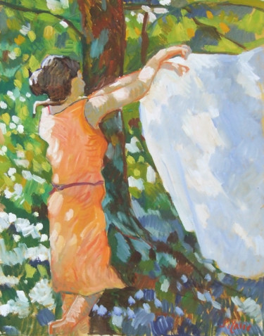 Peinture intitulée "Le linge" par Patrick Marie, Œuvre d'art originale, Huile Monté sur Châssis en bois