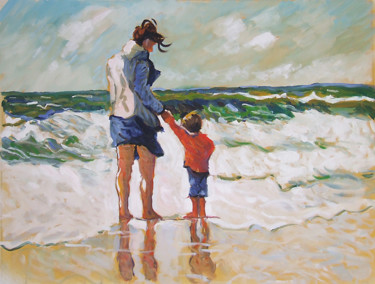 Painting titled "Au bord de la mer" by Patrick Marie, Original Artwork, Oil Mounted on Wood Stretcher frame