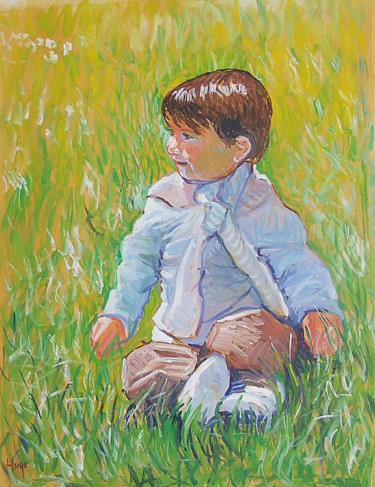 Painting titled "Enfant assis" by Patrick Marie, Original Artwork, Oil Mounted on Wood Stretcher frame