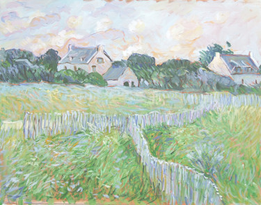 Painting titled "Village breton" by Patrick Marie, Original Artwork, Oil Mounted on Wood Stretcher frame