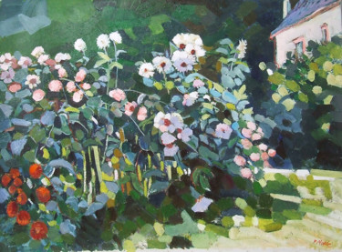 Painting titled "Massif de dahlias" by Patrick Marie, Original Artwork, Oil Mounted on Wood Stretcher frame