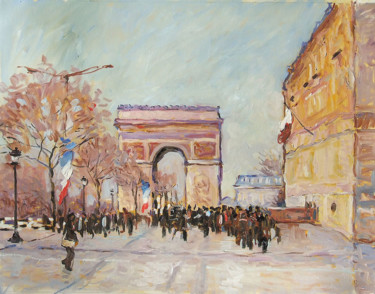 Ζωγραφική με τίτλο "Arc de triomphe -Pa…" από Patrick Marie, Αυθεντικά έργα τέχνης, Λάδι Τοποθετήθηκε στο Ξύλινο φορείο σκελ…
